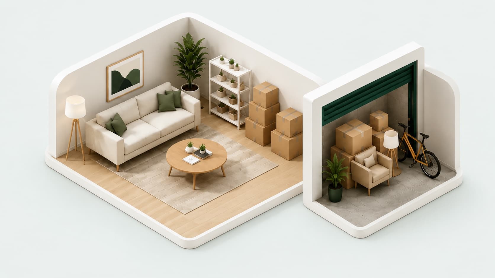 Visualización 3D de un salón y un trastero para mudanzas y self-storage